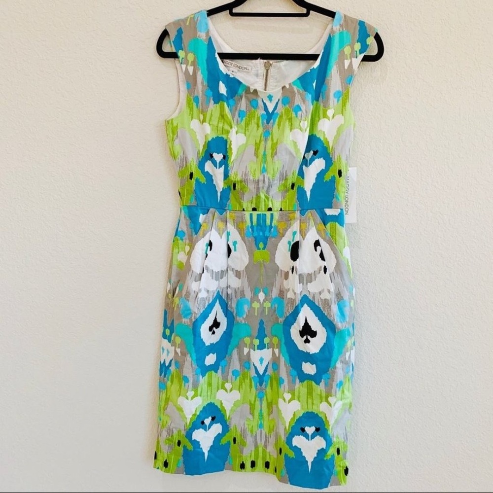 Maggy London Watercolor Blue/Green Sheath Dress Size 4